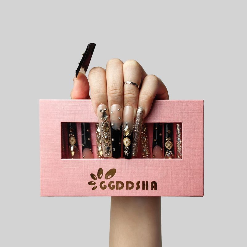 GGDDSHA Nails Handmade Press On Nails Long PinkDesign By Nail Technician, Handmade Painted Nail ArtReusable Stick On Nails In S,M,L 3Sizes,Eclipse Elegance