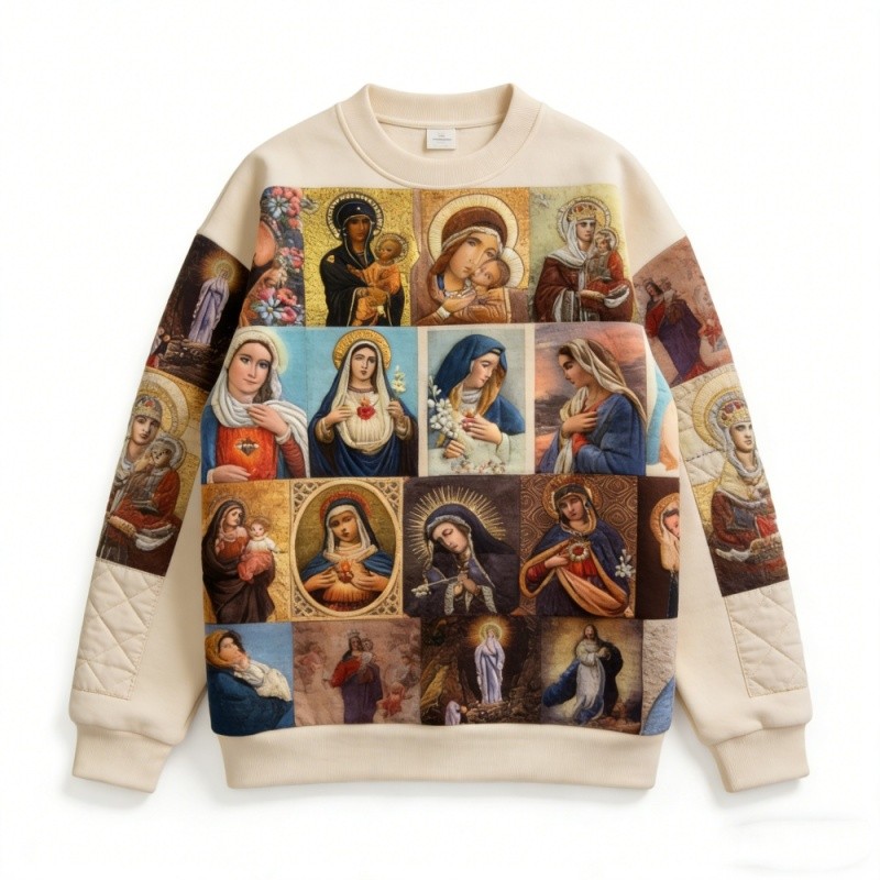 Mens Loose-Fit Hoodless Sweatshirt With Virgin Mary Print And Crew Neck