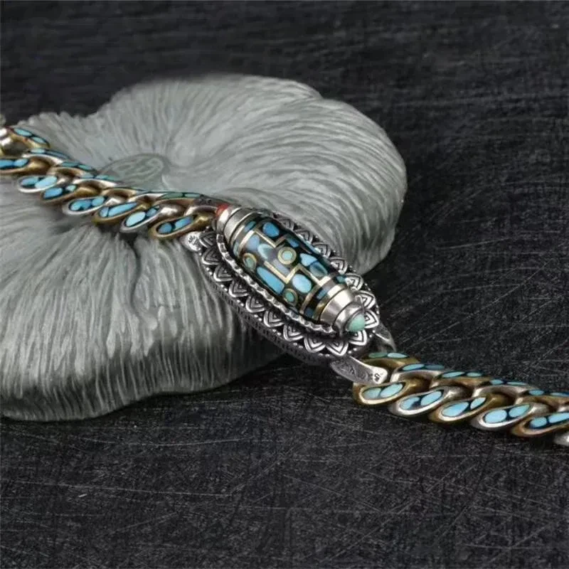 Turquoise Six-character Mantra Nine-eyed Dzi Bead Bracelet