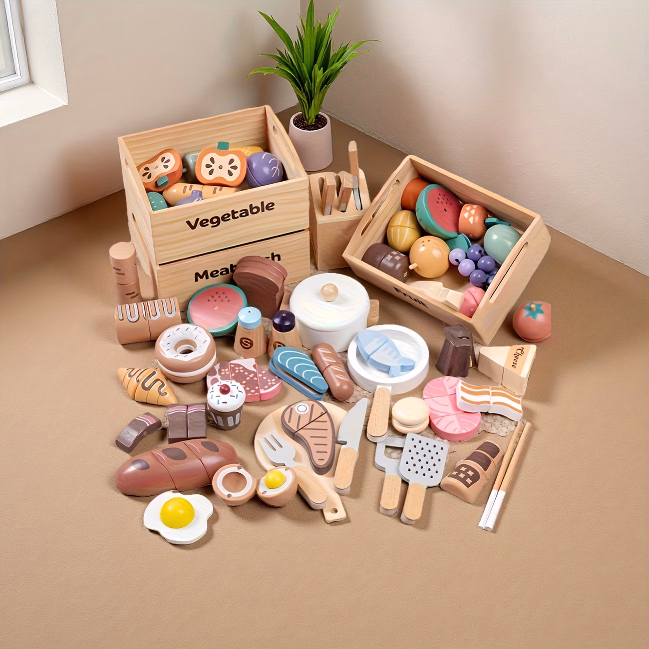 Children's Wooden Fruit and Vegetable Cutting Pretend Play Toy,