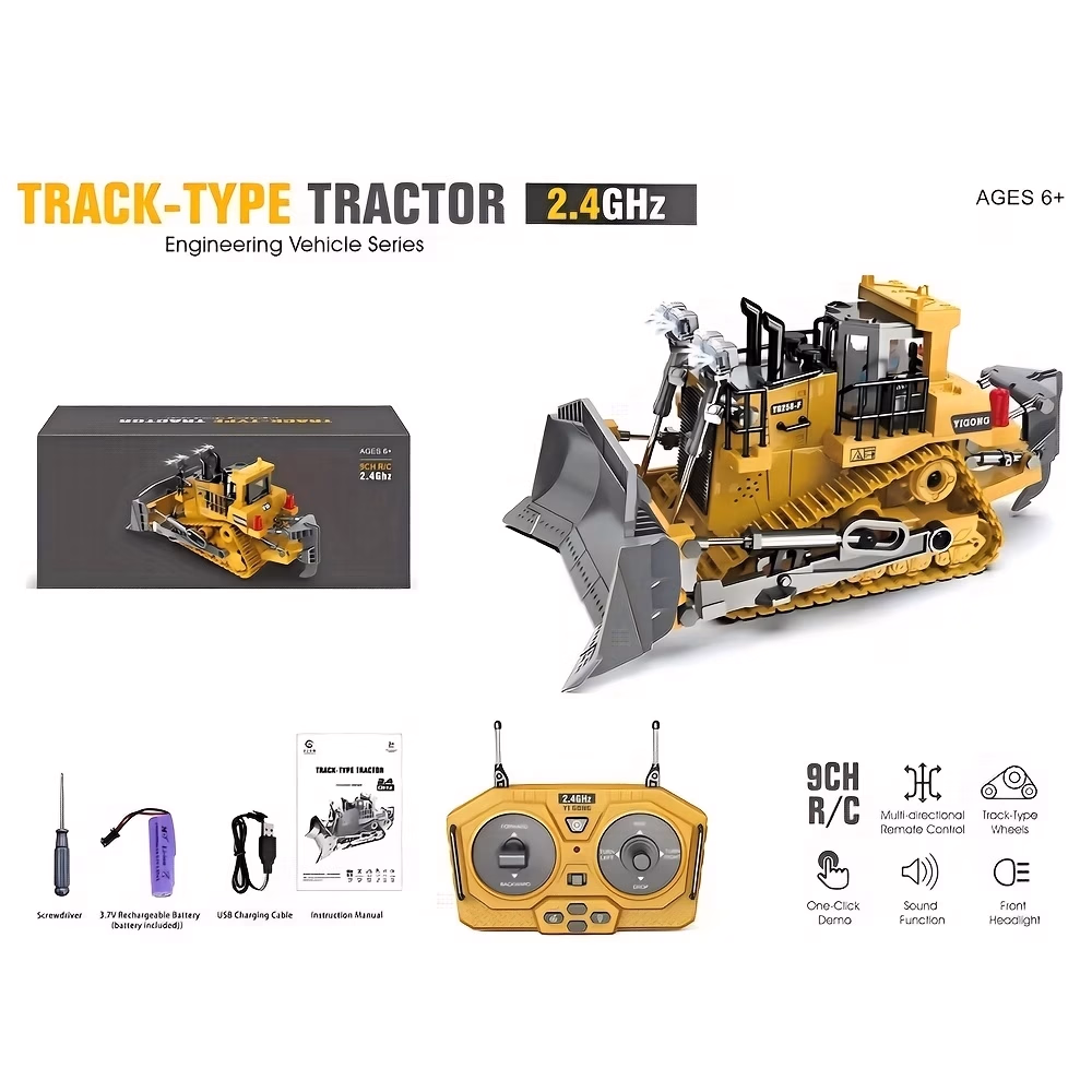 9 Channel Remote Control Bulldozer Toy – Realistic Construction