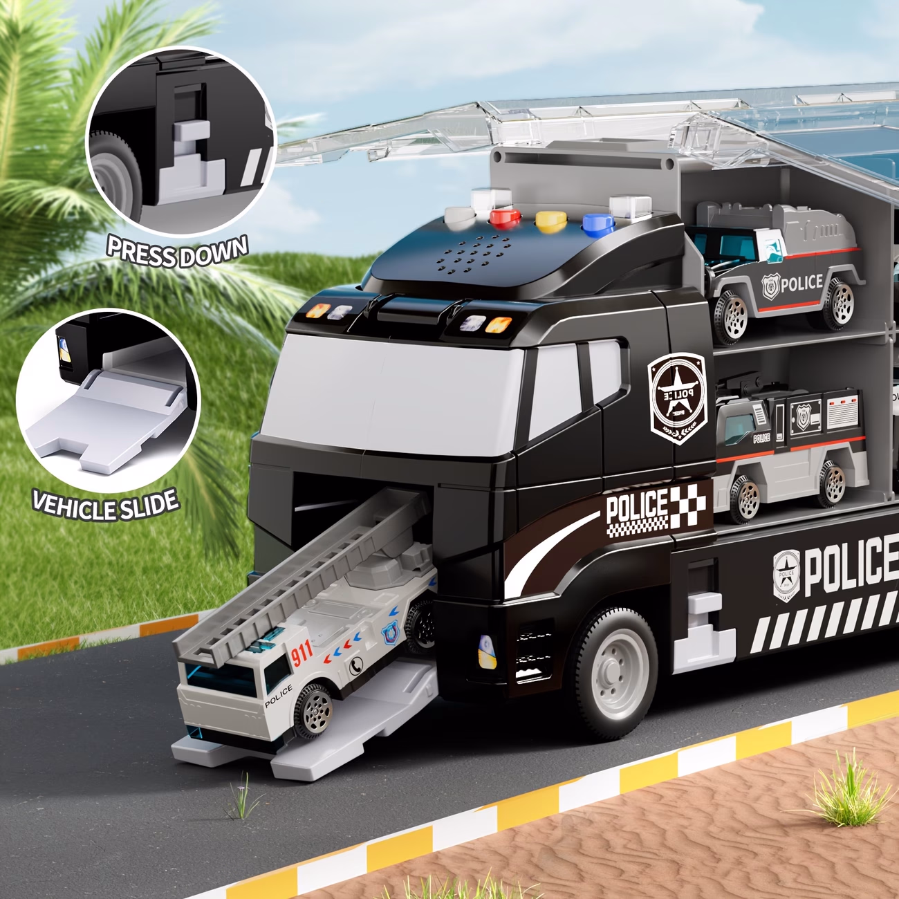 TEMI Police Car Toy Set - Carrier Truck Toys for Kids