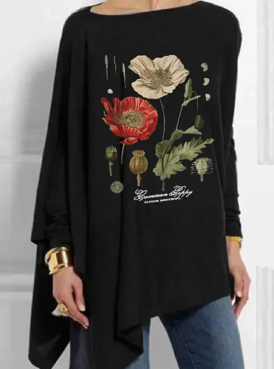 Women's Red Flower Plus Size Tops