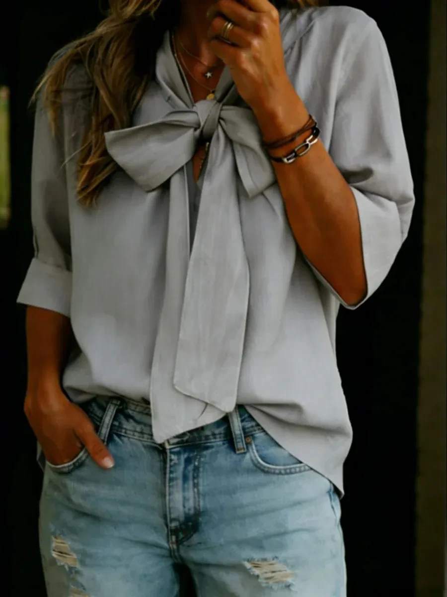 V-neck Bow-knot Loose-fit Three-quarter Sleeve Womens Top