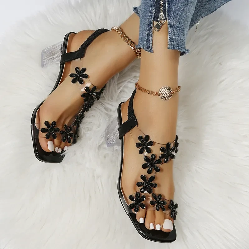 Rhinestone Floral Transparent Sandals
