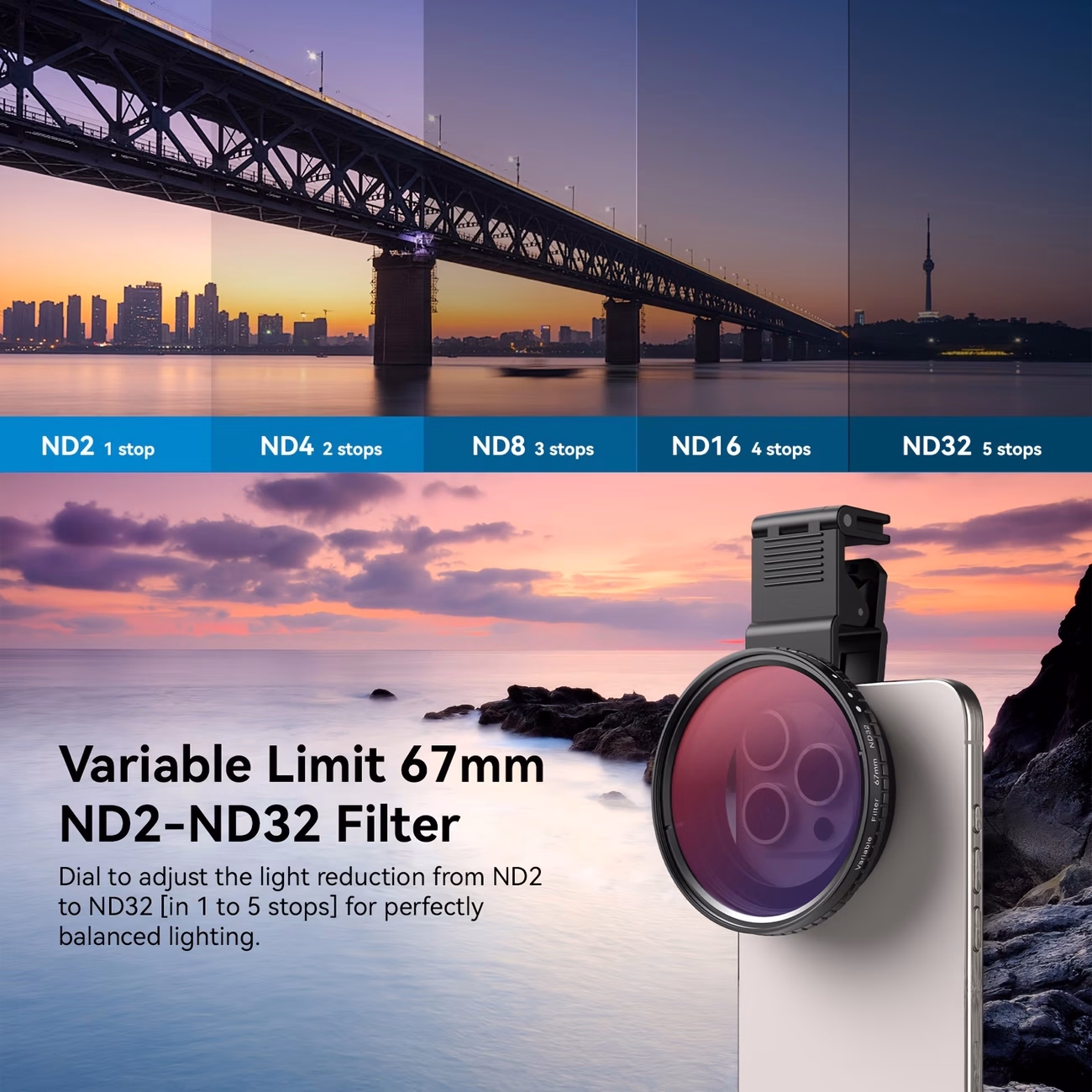 APEXEL 67mm Lens Filter& Phone Lens Filter Clip-On Variable ND Filter And CPL Filter Kit for Enhanced Photography
