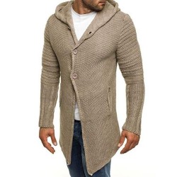 Men's hooded long sleeve mid length knit cardigan