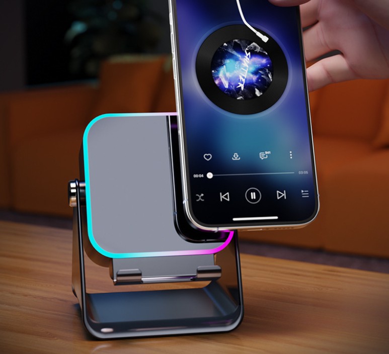 📱 5-in-1 Wireless Induction Bluetooth Speaker with Adjustable Phone Stand🎶