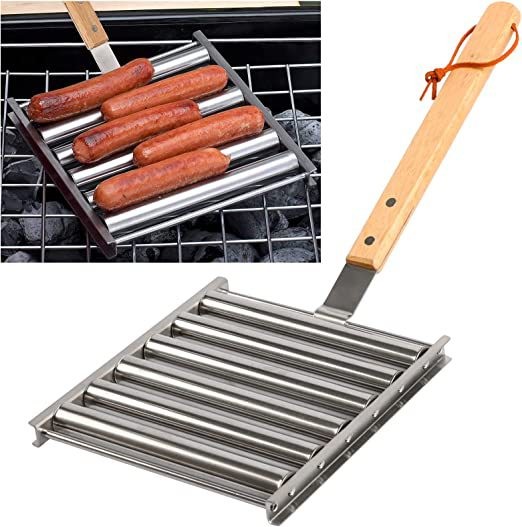 Rotating Hot Dog Grill Rack with Detachable Wood Handle