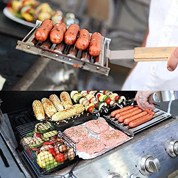 Rotating Hot Dog Grill Rack with Detachable Wood Handle