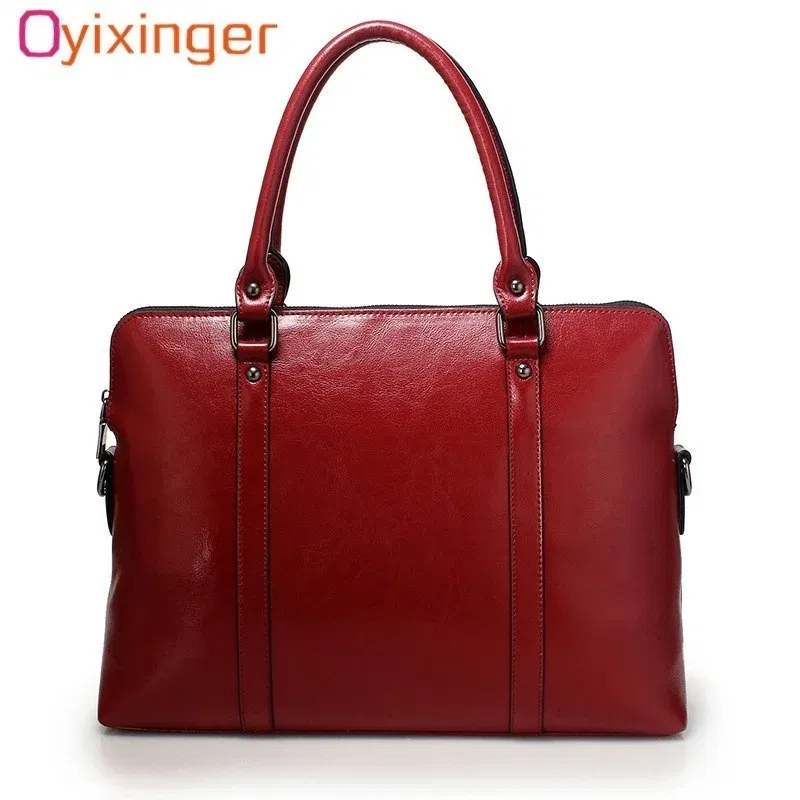 Color: Red - Oyixinger New 100% Genuine Leather Briefcase For Woman 14 inch Laptop Bag Women's Handbags Office Ladies Shoulder Messenger Bags