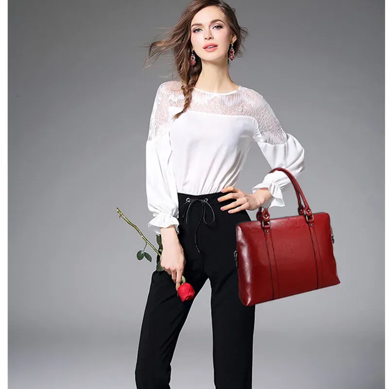 Color: Red - Oyixinger New 100% Genuine Leather Briefcase For Woman 14 inch Laptop Bag Women's Handbags Office Ladies Shoulder Messenger Bags