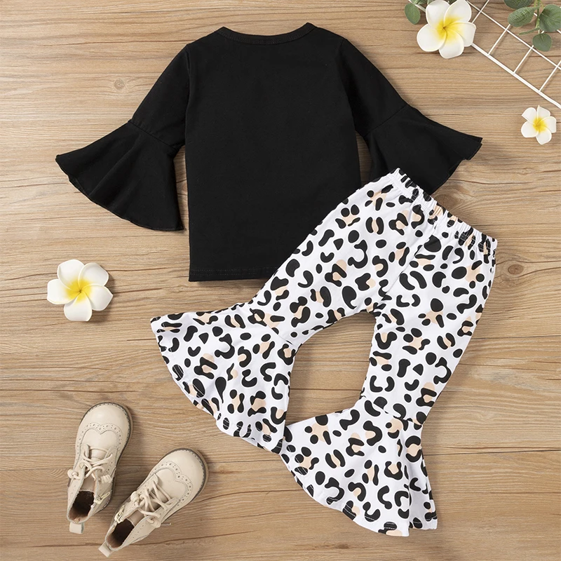 Color: black, Kid Size: 2T - 2pcs Baby Girl Clothes Sets Black Pullover Top + Leopard Print Bell-Bottoms Autumn Children's Clothing For 2 3 4 5 7 8 Years Old