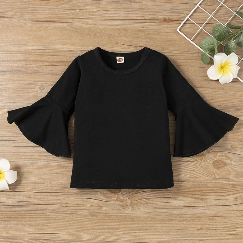 Color: black, Kid Size: 2T - 2pcs Baby Girl Clothes Sets Black Pullover Top + Leopard Print Bell-Bottoms Autumn Children's Clothing For 2 3 4 5 7 8 Years Old