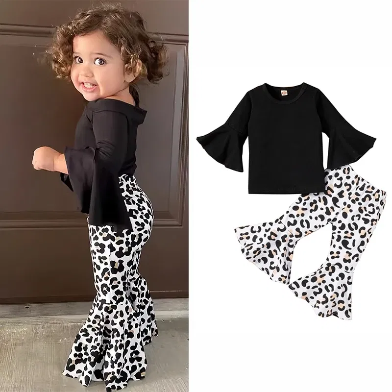 Color: black, Kid Size: 2T - 2pcs Baby Girl Clothes Sets Black Pullover Top + Leopard Print Bell-Bottoms Autumn Children's Clothing For 2 3 4 5 7 8 Years Old
