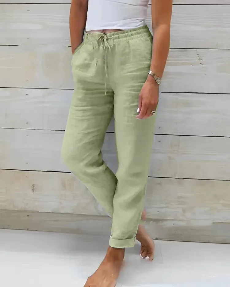 Color: Blue, Size: S - Cotton Linen Summer Pants for Women High Waist Elastic Casual Trousers Streetwear Solid Female Clothes 2024 Loose Pencil Pants
