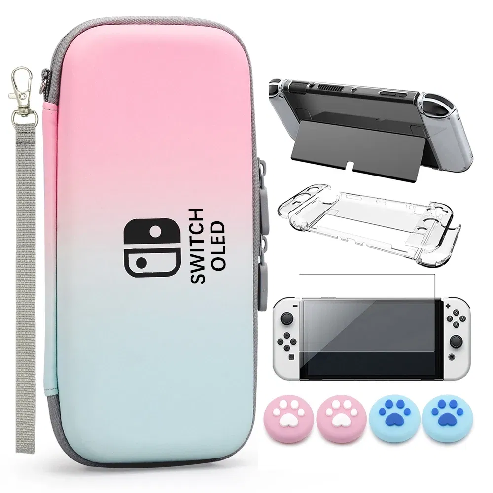 Color: Rose Violet - Case Kit For Nintend Switch OLED Console Carrying Case Protective Pouch Hard Shell Clear Cover For Switch Oled WIth Film Glass