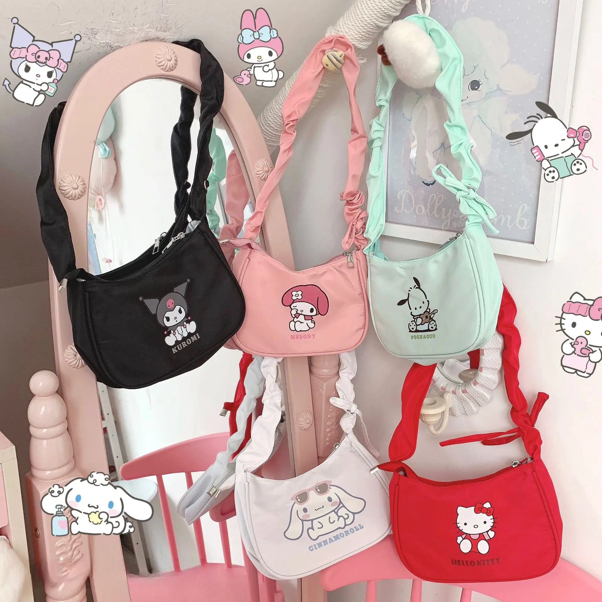 Color: Beige, Size: Extra Large - Sanrio Hellokitty Kuromi Cinnamorol Mymelody Pochacco Armpit Bag Kawaii Shoulder Bag Casual Allmatch Tote Women Commuter Handbag