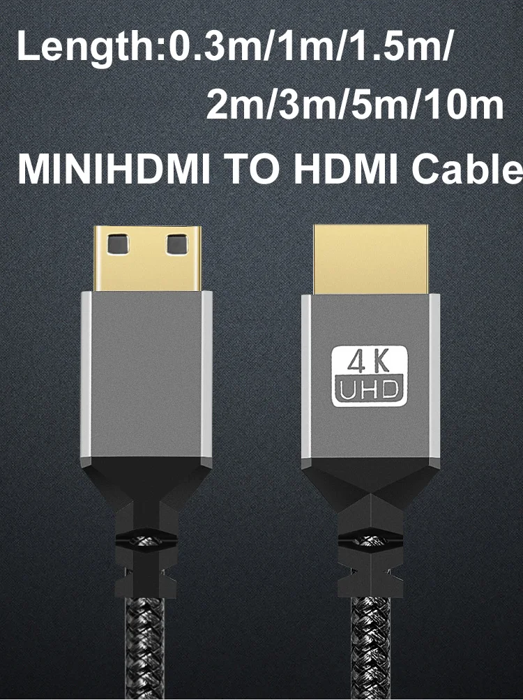 Length: 12m - Nylon MINI HDMI To HDMI Cable HDMI2.0 MINIHDMI Male A Male 4K 60HZ HD 1080P  Adapter Converter 1M 2M 3M 5M 10M Wire TV Camera