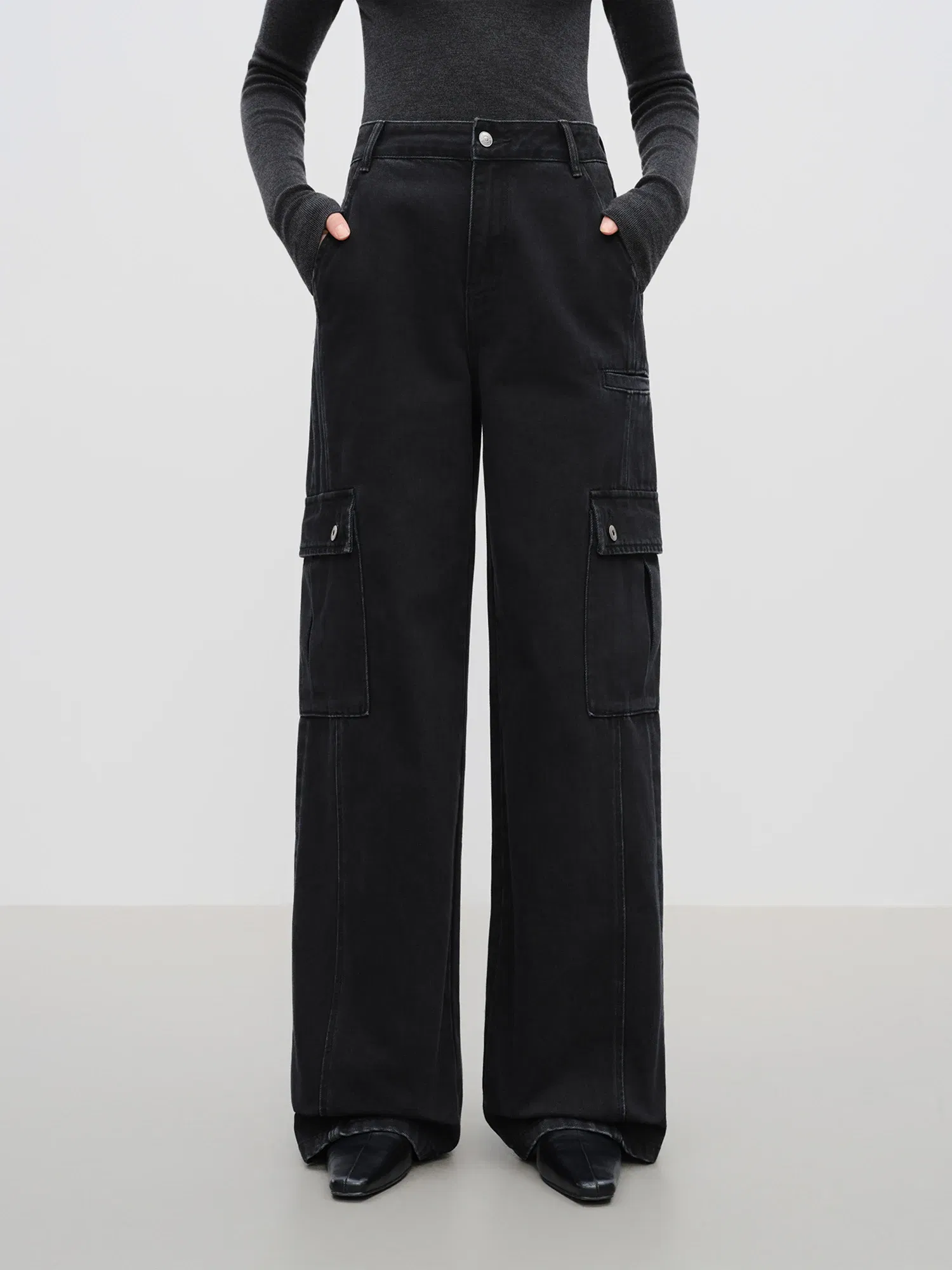 Color: black, Size: S - FSLE【Premium Series?‘Designer Cargo Pants Vintage Straight Wide Leg Denim Trousers High Waist Jeans with Pocket Streetwear