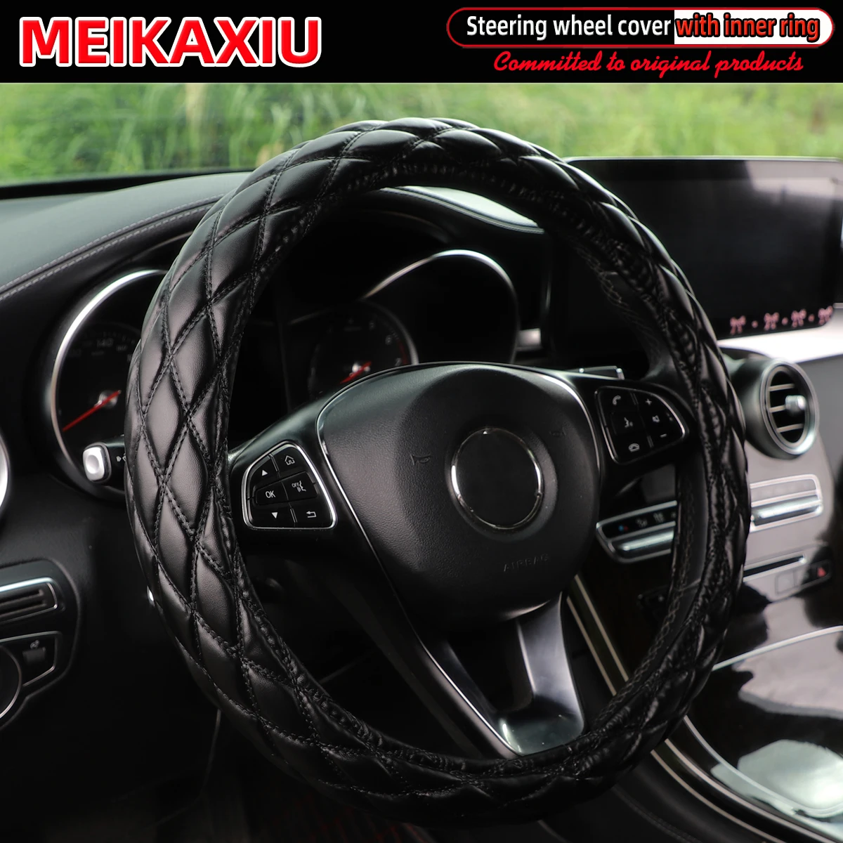 Color Name: Red - New PU sheepskin embroidered double-thread car has an inner ring steering wheel cover suitable for 36cm, 37cm and 38cm