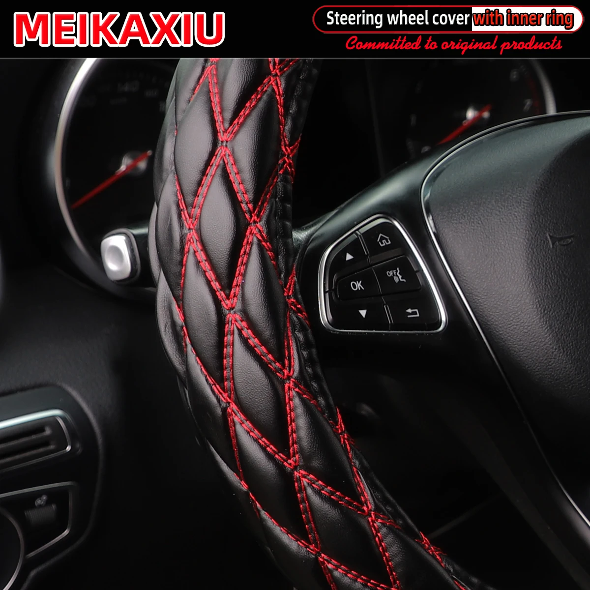 Color Name: Red - New PU sheepskin embroidered double-thread car has an inner ring steering wheel cover suitable for 36cm, 37cm and 38cm