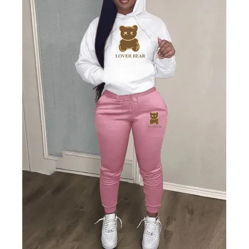 Color: Light Yellow, Size: L - 2 Piece Set Women Outfit Letter Bear Print Hooded Neck Hoodies Sweatshirt Pants Tracksuit 2024 Plus Size Streetwear Casual Suit