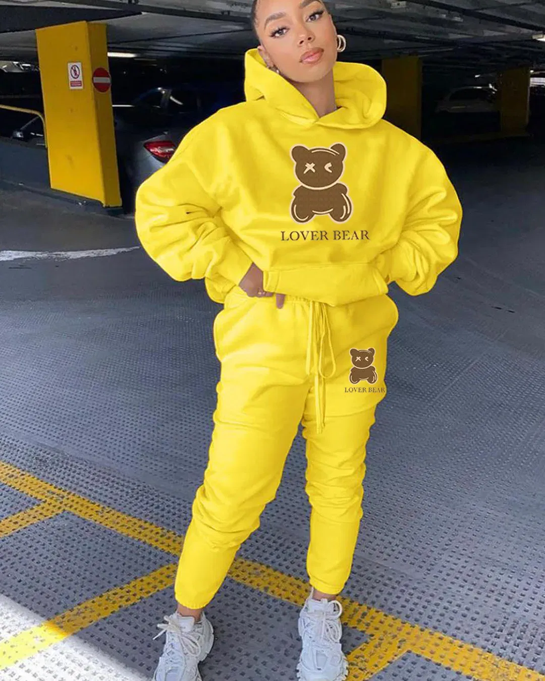 Color: Light Yellow, Size: L - 2 Piece Set Women Outfit Letter Bear Print Hooded Neck Hoodies Sweatshirt Pants Tracksuit 2024 Plus Size Streetwear Casual Suit