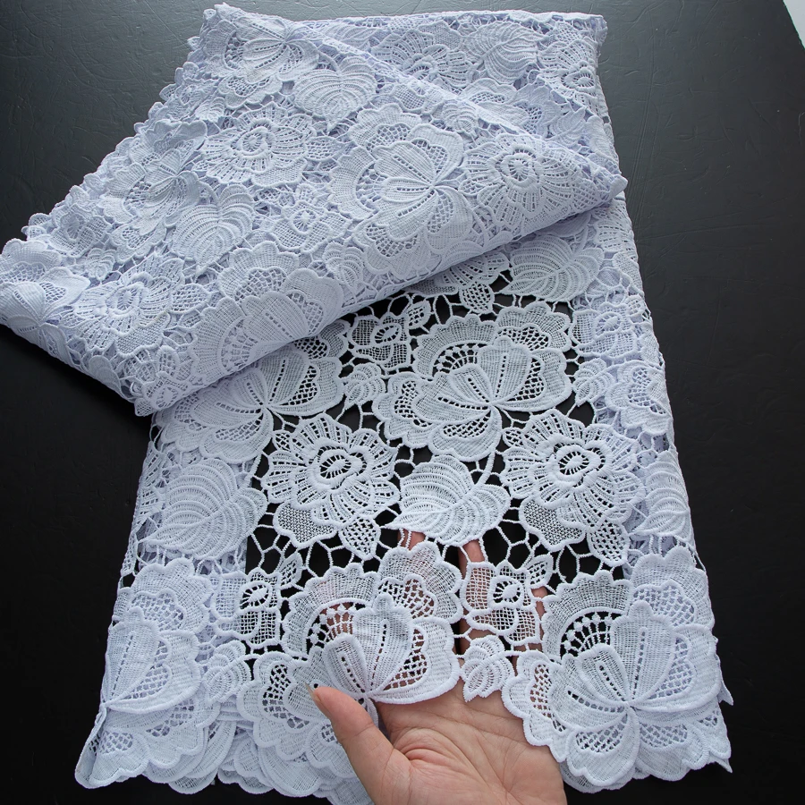 Color: BROWN, Width: 120cm, Length: 5 yards - 2025 Guipure Lace Fabric High Quality 5 Yards Knitted White Nigerian African Sequins Cord Lace Fabric Dress for Women A4070