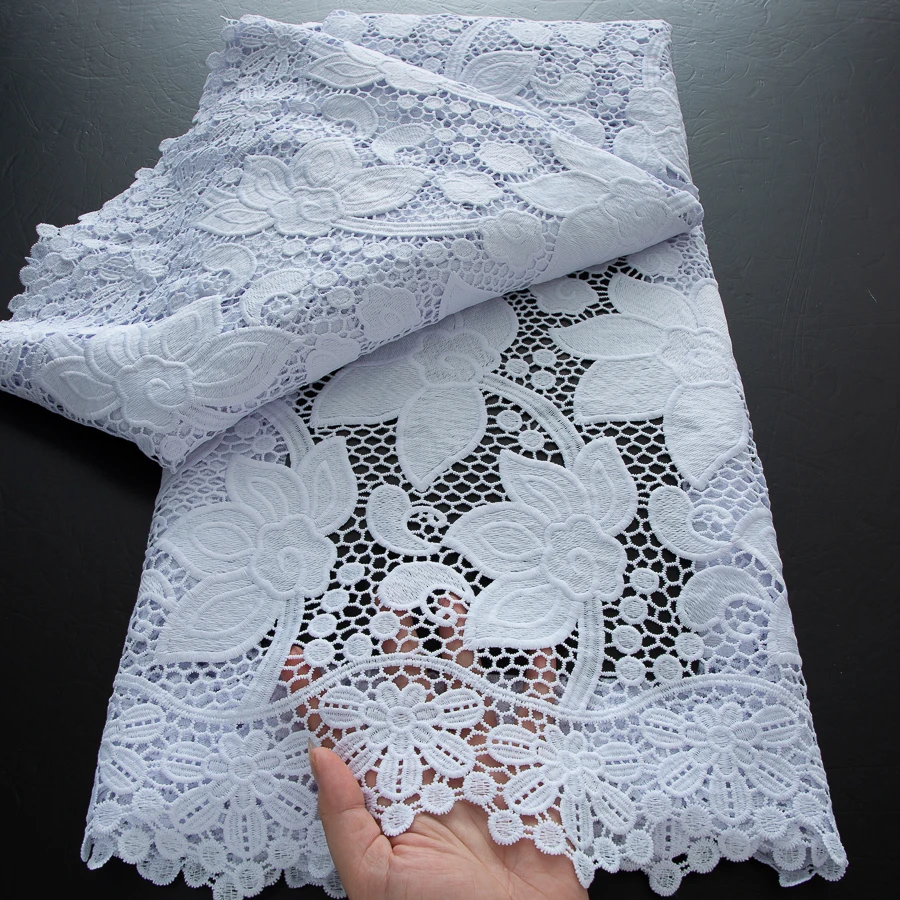 2025 Guipure Lace Fabric High Quality 5 Yards Knitted White Nigerian African Sequins Cord Lace Fabric Dress for Women A4070