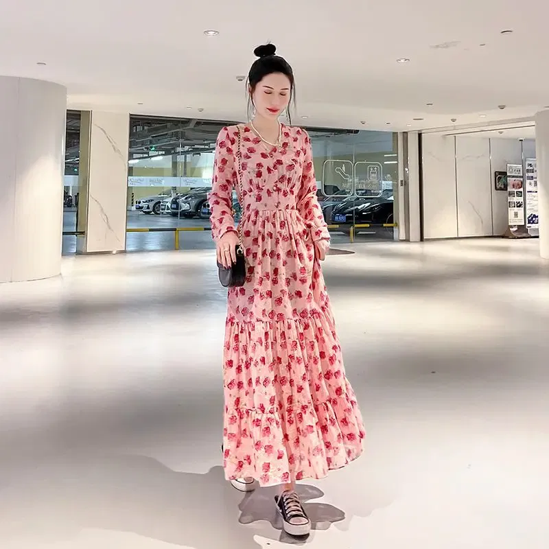 Color: Beige, Size: S - Chiffon floral dress 2024 spring/summer new high waisted slimming knee length skirt light luxury French style large skirt 3FWF