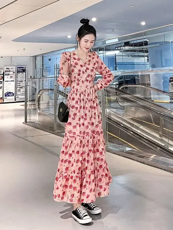 Color: Beige, Size: S - Chiffon floral dress 2024 spring/summer new high waisted slimming knee length skirt light luxury French style large skirt 3FWF