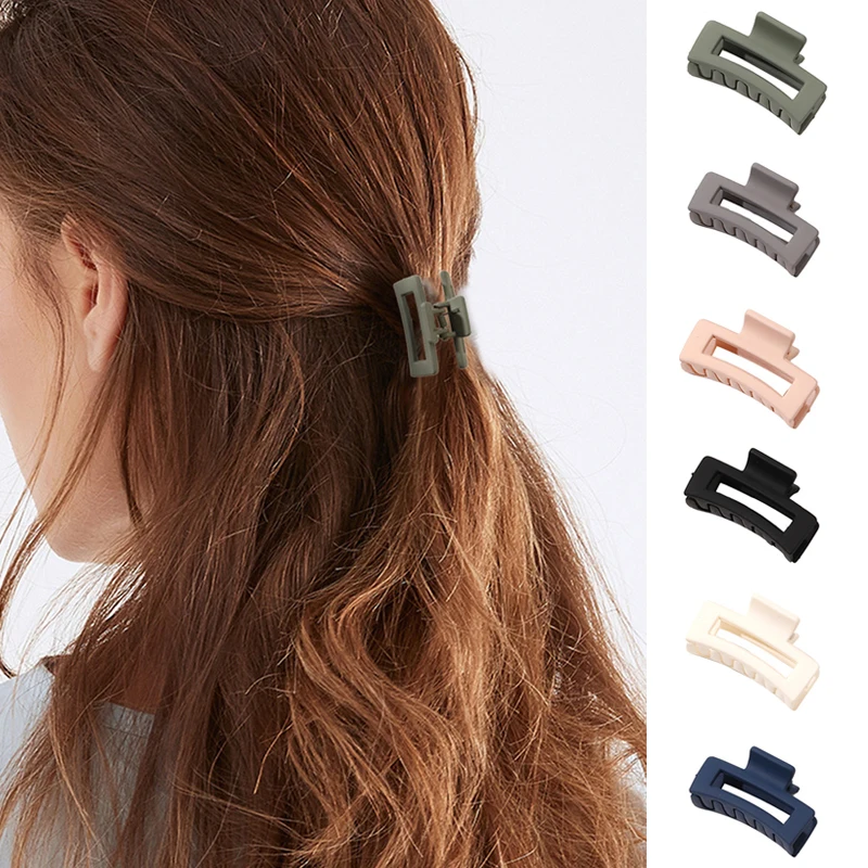 Color: Yellow - Wholesale 4.5cm Frosted Matte Mini Grab Clip Crab Hair Clips Women Hollow Square Hair Catches Ponytail Clip Bangs Clip Top Clips