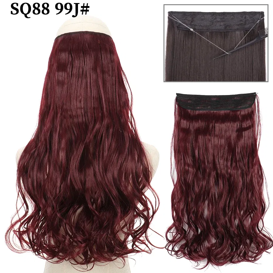 Color: T1B/Red, Stretched Length: 32inches, Ships From: CHINA - Synthetic Natural Wavy No Clip Fish Line Invisible Hair Extensions Mixed Color Blonde Black Artificial False Hair Piece ForWomen