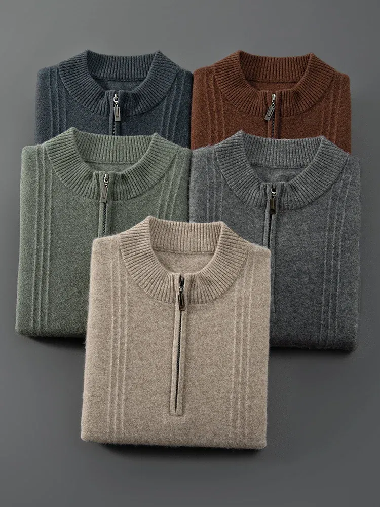 Color: GRAY, Size: XL - Men's Sweater Pullover Autumn Winter Sweater Warm Clothing 100% Cashmere Business Long Sleeve Classic Quality Mock Neck Knit Top