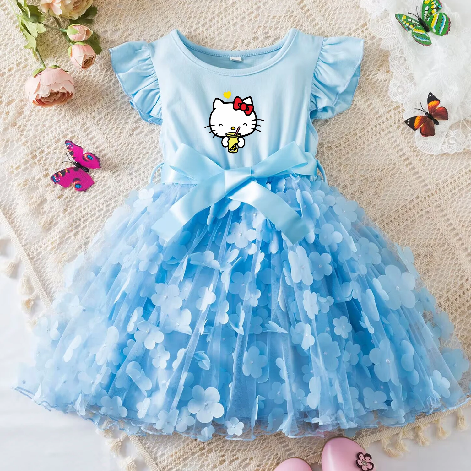 Color: Navy Blue, Size: L - Hello Kitty Summer Dress for Kid's Casual Clothes 3D Butterfly Cute Baby Girls Princess Dress Party Dresses 2-6 Yrs