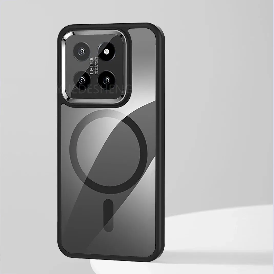 Color: Black, Material: Canvas - Luxury HD Transparent Shockproof Bumper Case For Xiaomi Mi 14 Pro Ultra For Magsafe Magnetic Wireless Charge Back Cover Shell