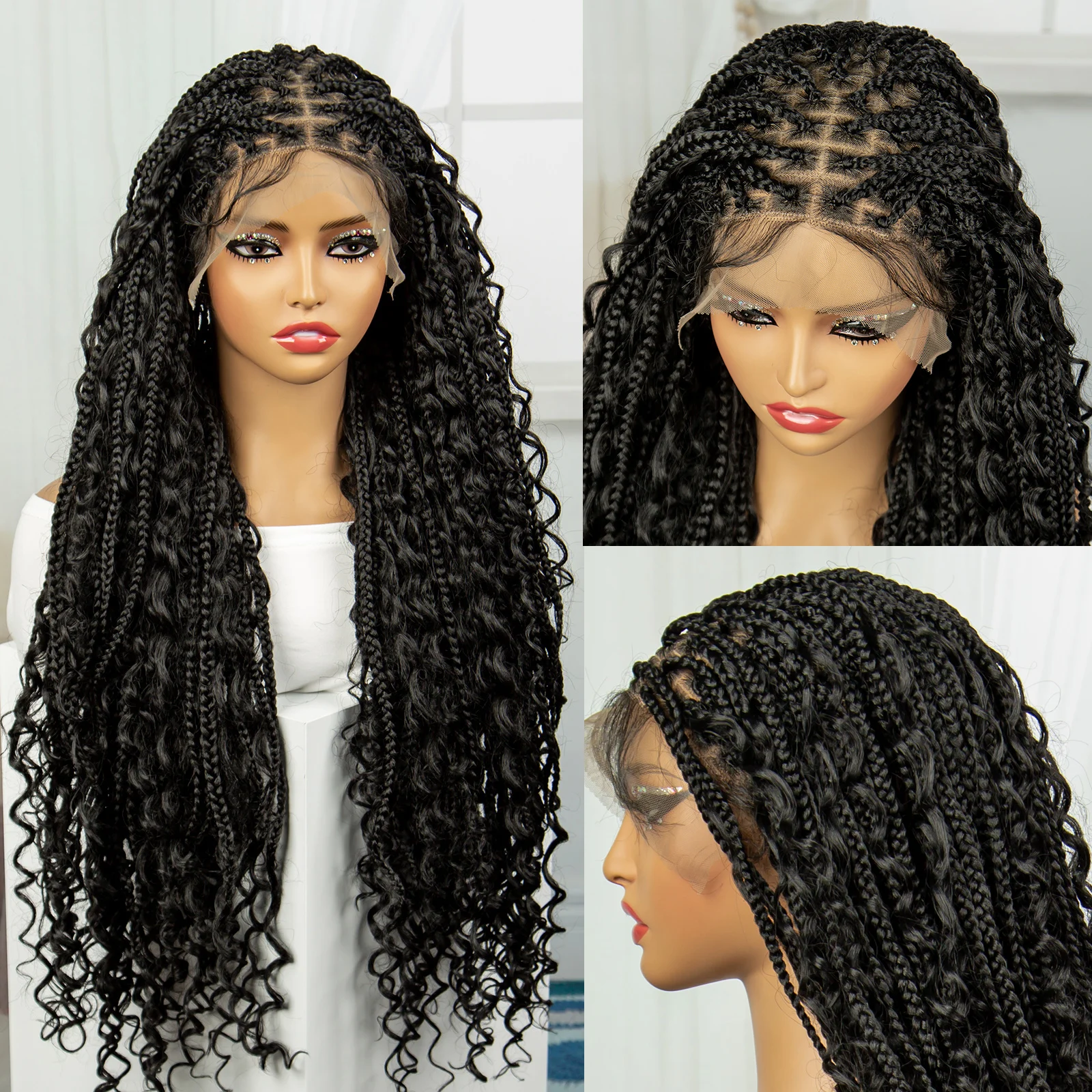 Color: #1B, Ships From: CHINA, Wig Length: 36inches - 36" Knotless Box Boho Braided Wigs With Curly Ends Synthetic Lace Front Bohemian Braided Lace Wig with Baby Hair for Black Women