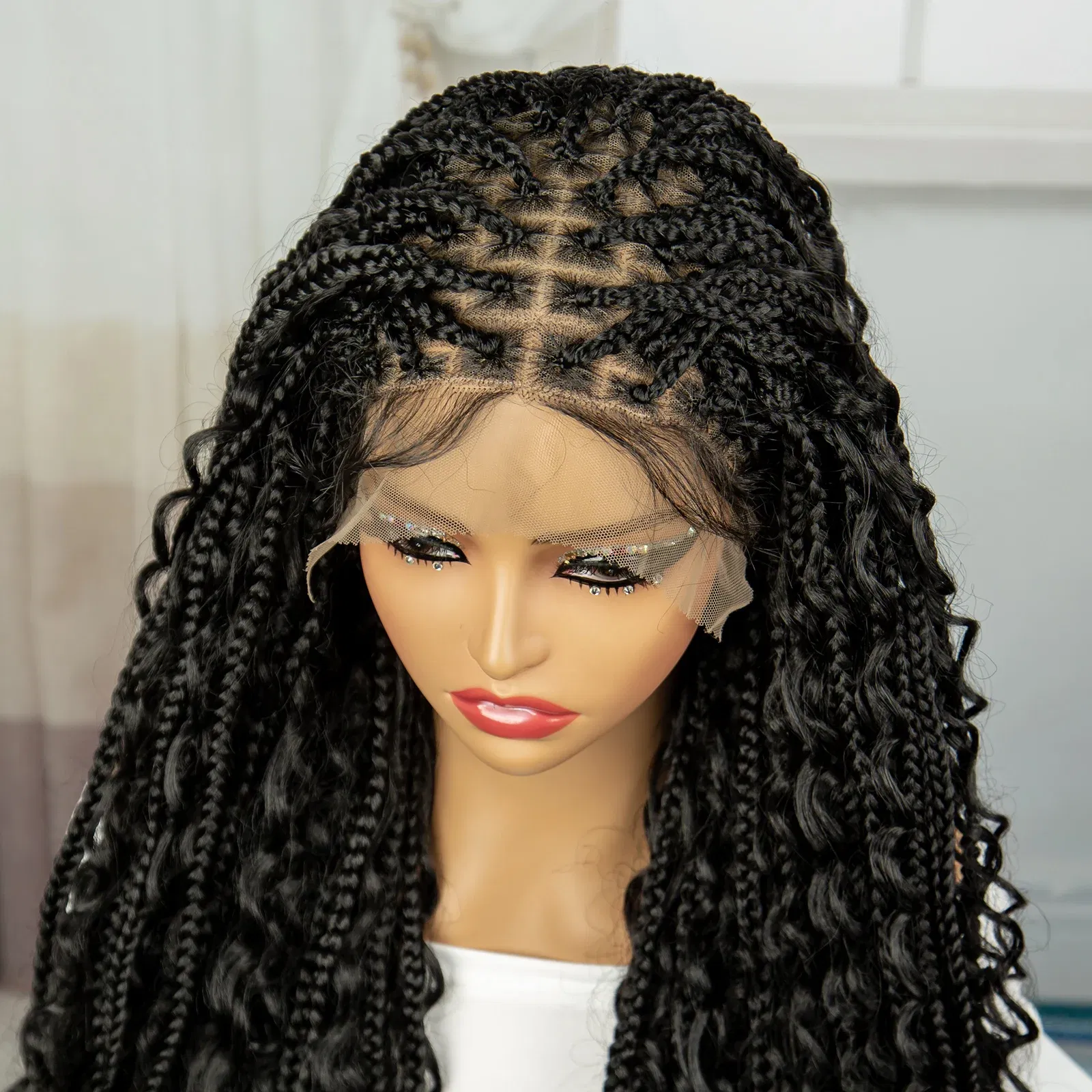 Color: #1B, Ships From: CHINA, Wig Length: 36inches - 36" Knotless Box Boho Braided Wigs With Curly Ends Synthetic Lace Front Bohemian Braided Lace Wig with Baby Hair for Black Women