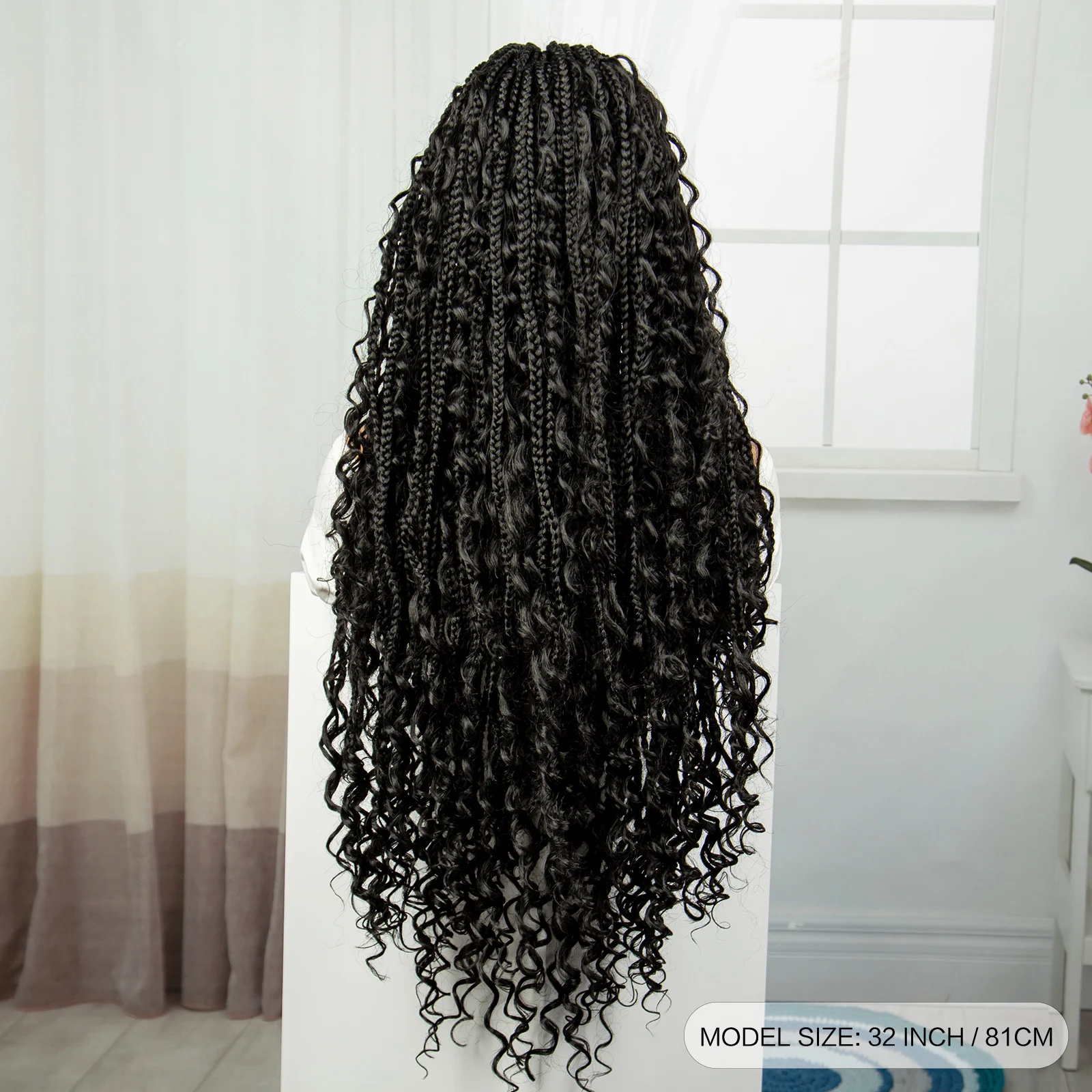 Color: #1B, Ships From: CHINA, Wig Length: 36inches - 36" Knotless Box Boho Braided Wigs With Curly Ends Synthetic Lace Front Bohemian Braided Lace Wig with Baby Hair for Black Women