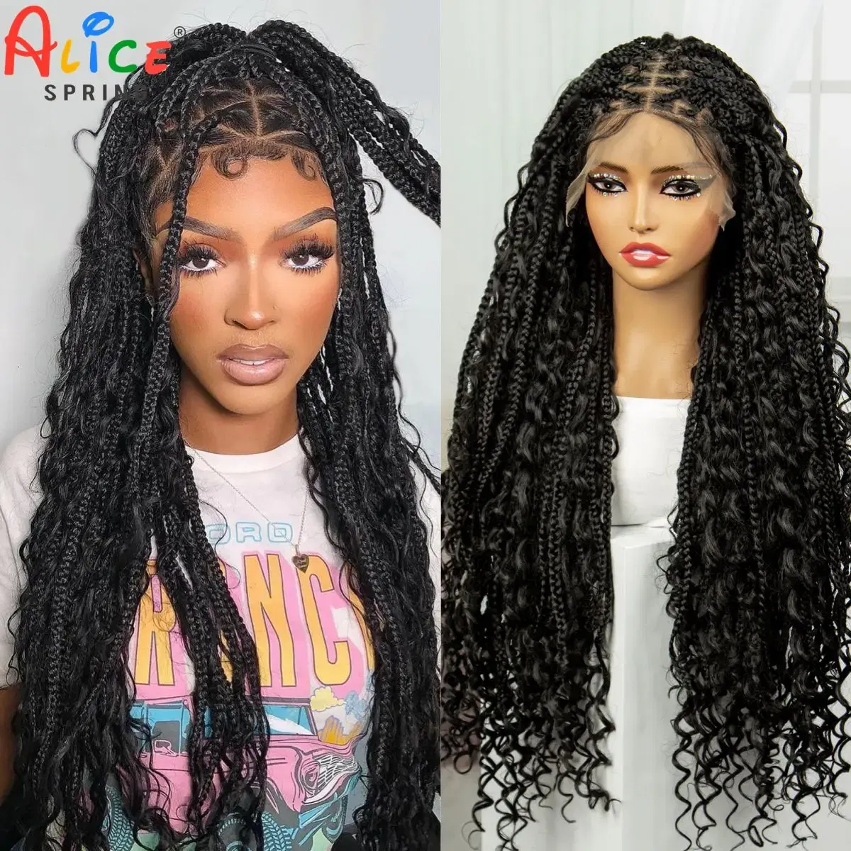 Color: #1B, Ships From: CHINA, Wig Length: 36inches - 36" Knotless Box Boho Braided Wigs With Curly Ends Synthetic Lace Front Bohemian Braided Lace Wig with Baby Hair for Black Women