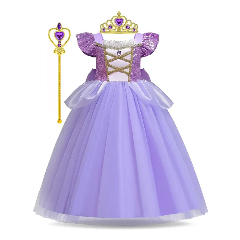 Color: SKY BLUE, Kid Size: 4T - Disney Deluxe Elegant Rapunzel Princess Ball Gown Fancy Birthday Party Dress Cinderella Vestidos Costume Play Carnival Apparel
