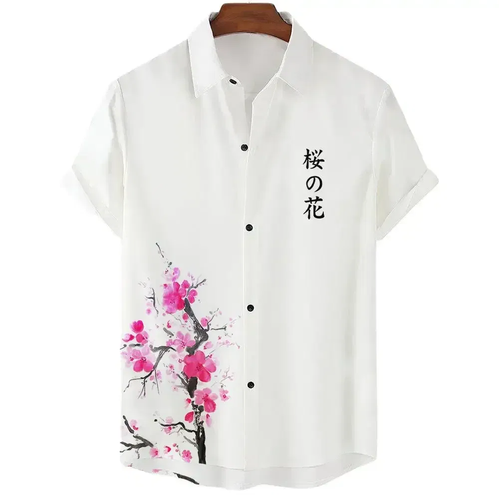 Color: Dark Grey, Size: L - Fashionable Luxury Social men's Shirt Lapel button-down Shirt Casual Japanese Aesthetic Cherry Blossom Print short-sleeved Tops