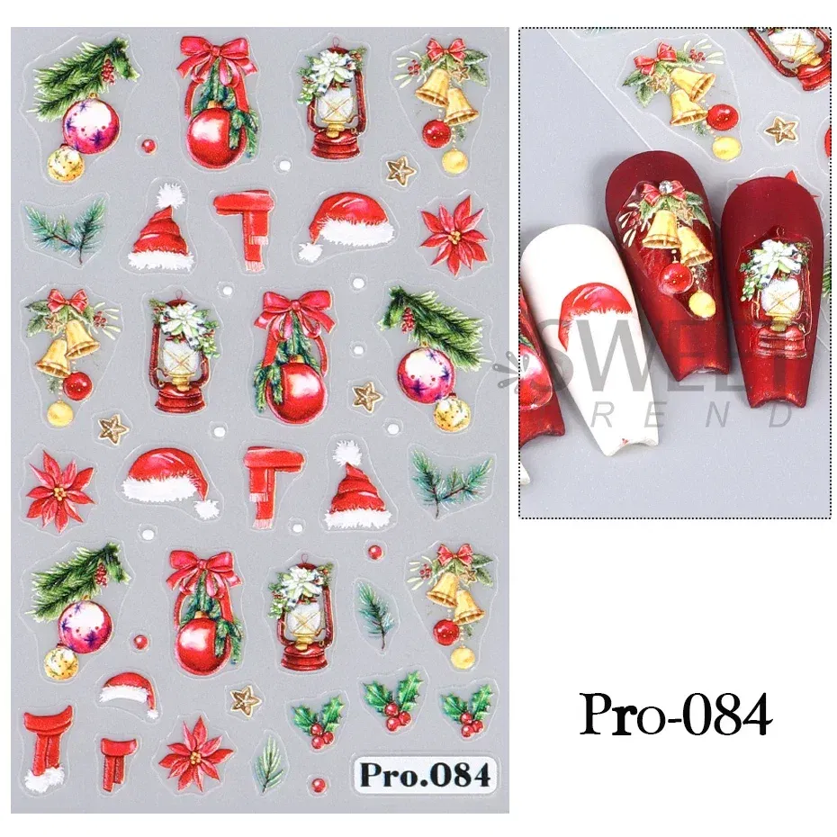Color: Red - 5D Embossed Elk Nail Art Sticker Cute Christmas Winter Santa Claus Snowflake Gingerbread Man Engraved Slider Manicure Decoration
