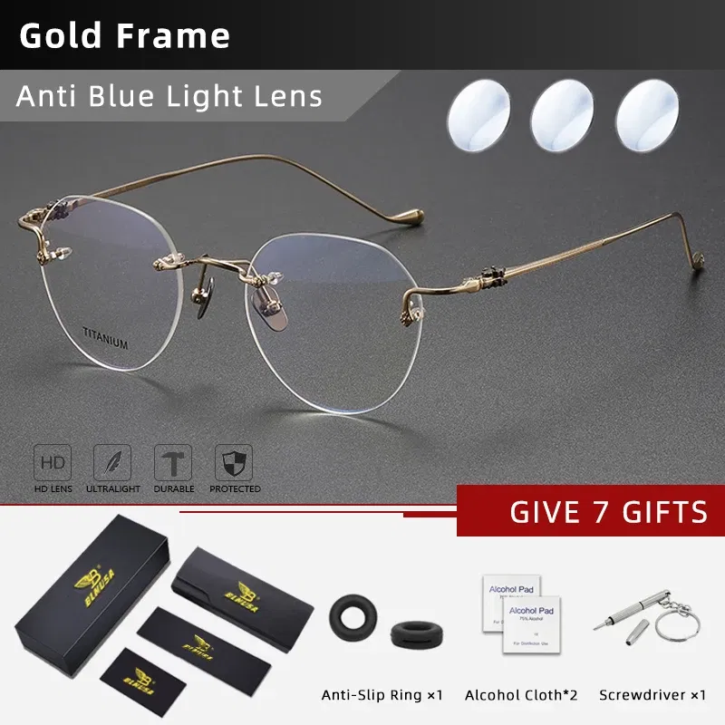 Frame Color: Khaki, Eye Prescription: +400 - BLMUSA Pure Titanium Rimless Anti-blue Light Reading Glasses for Men Round Photochromic Optical Prescription with MR-8 lens