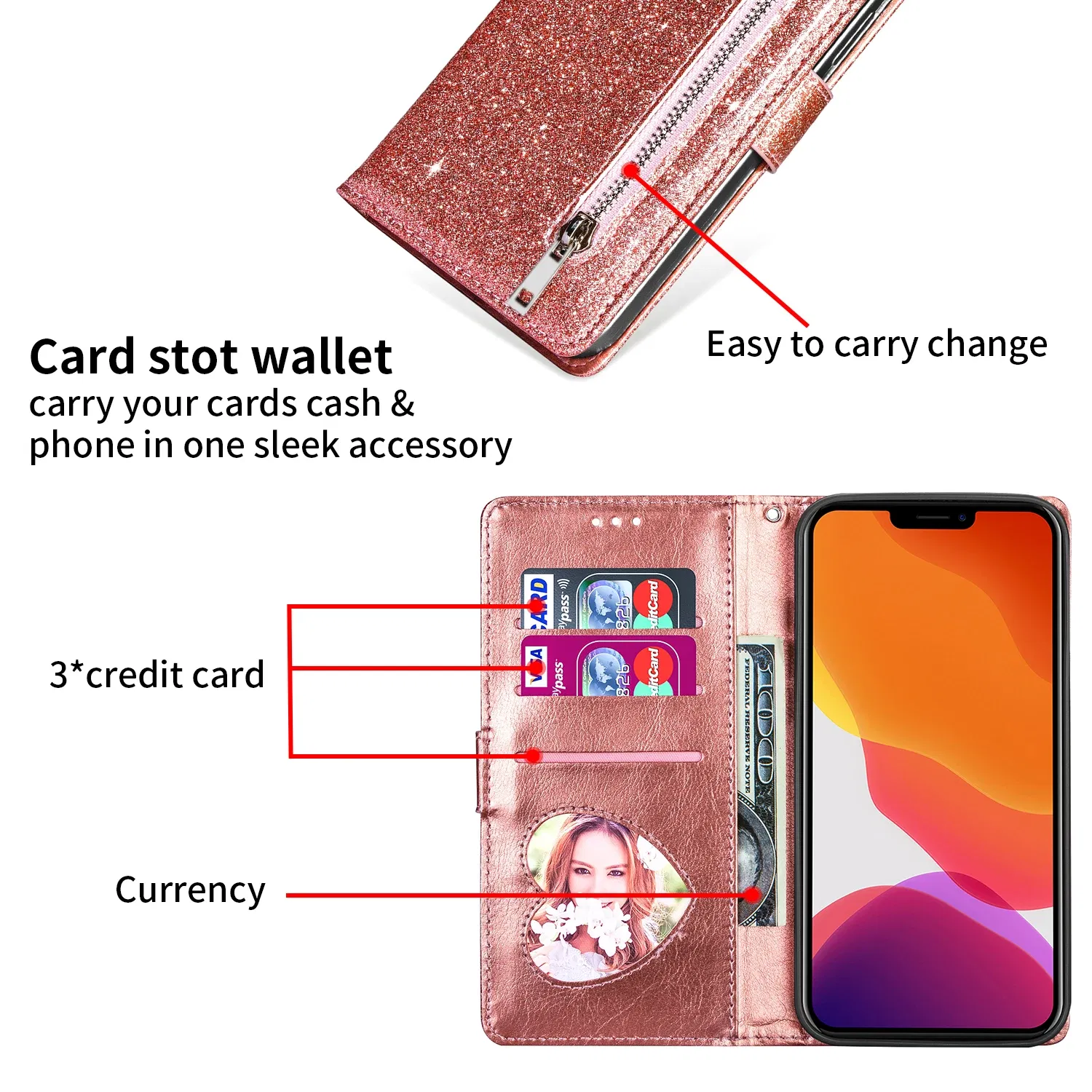 Color: Rose Red, Material: Wood - Zipper Flip Wallet Glitter Leather Case for iPhone 16 15 14 13 12 11 Pro Max XS XR 8 7 Plus SE 2022 Mini Bling Stand Phone Cover