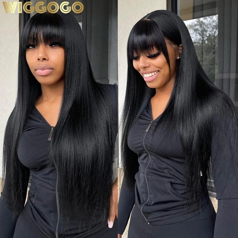 Stretched Length: 28inches, Hair Color: #1, Density: 180%, Ships From: CHINA - Wiggogo 3X1 Middle Part Lace Wig Bone Straight Human Hair Wig With Bangs Full Machine Made Straight Human Hair Wigs For Women