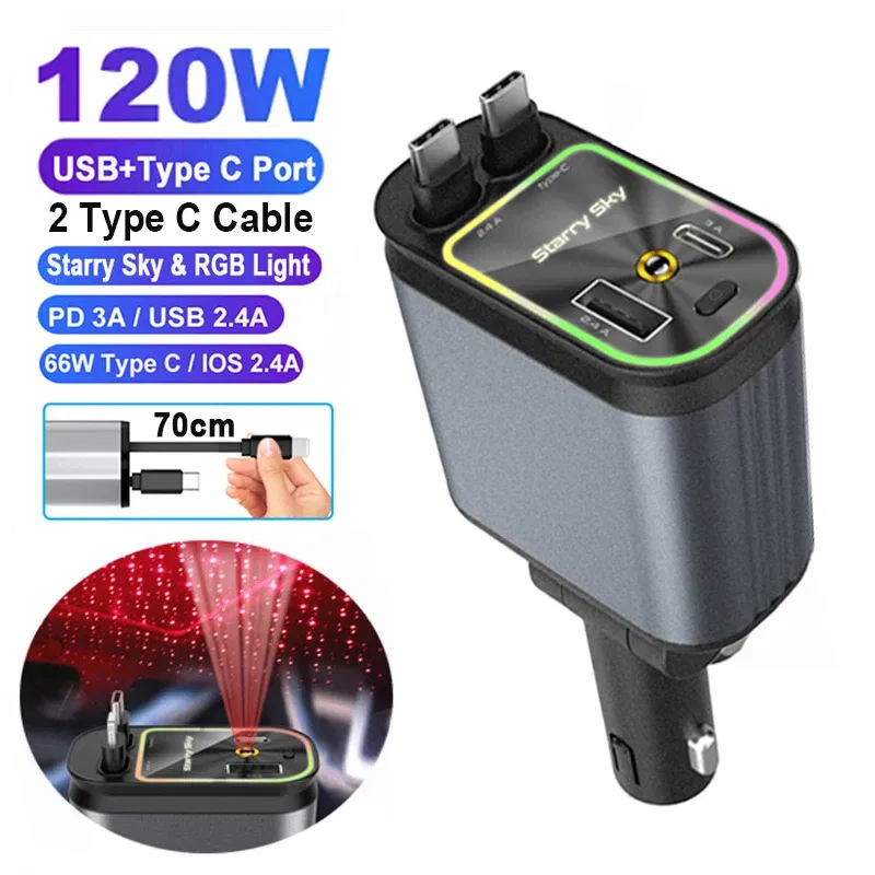 Color Name: GRAY, Ships From: CHINA - 4 in 1 Retractable Car Charger 120W with USB C Lightning Cable Starlight in Auto Roof Fast Charging for IPhone Samsung Phones