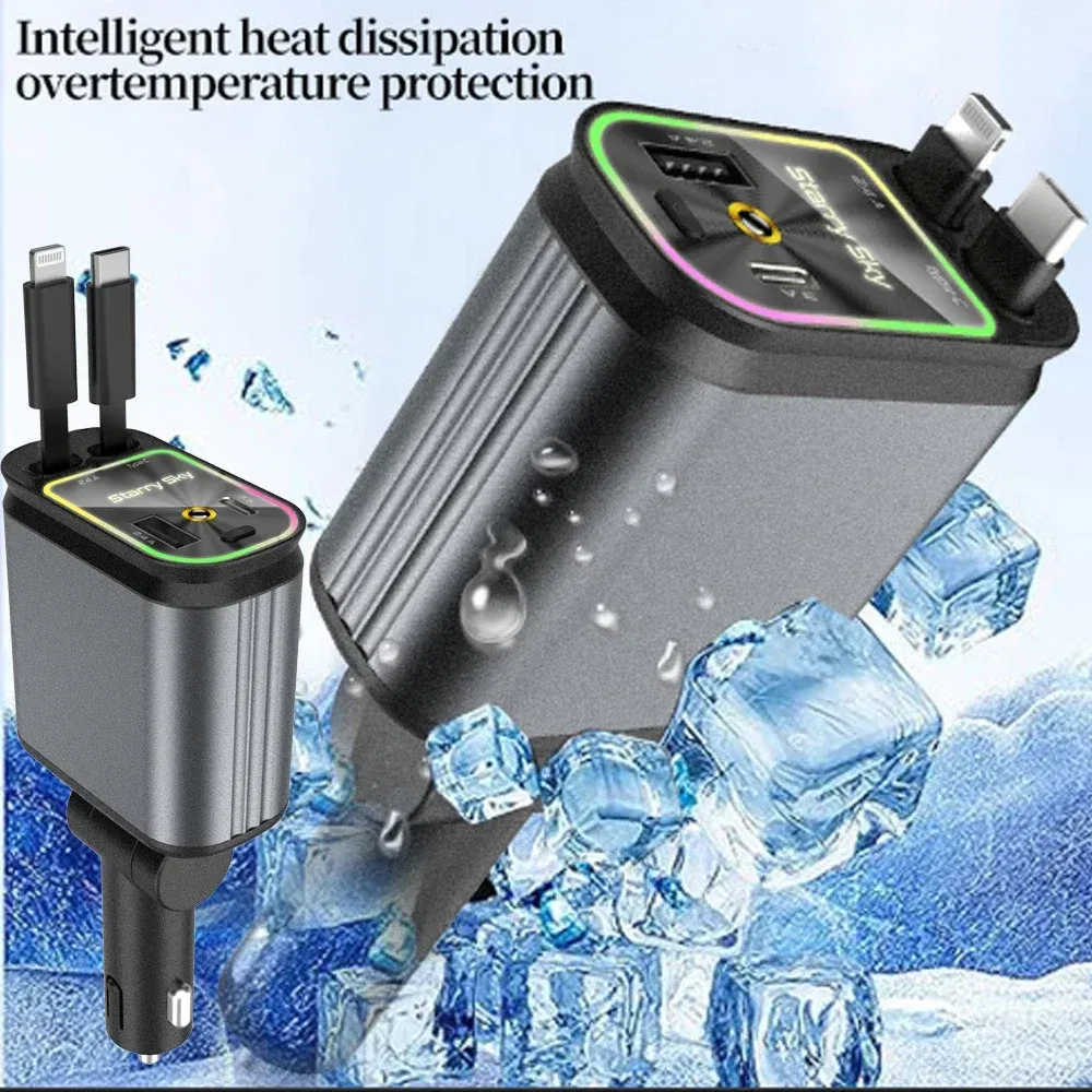 Color Name: GRAY, Ships From: CHINA - 4 in 1 Retractable Car Charger 120W with USB C Lightning Cable Starlight in Auto Roof Fast Charging for IPhone Samsung Phones