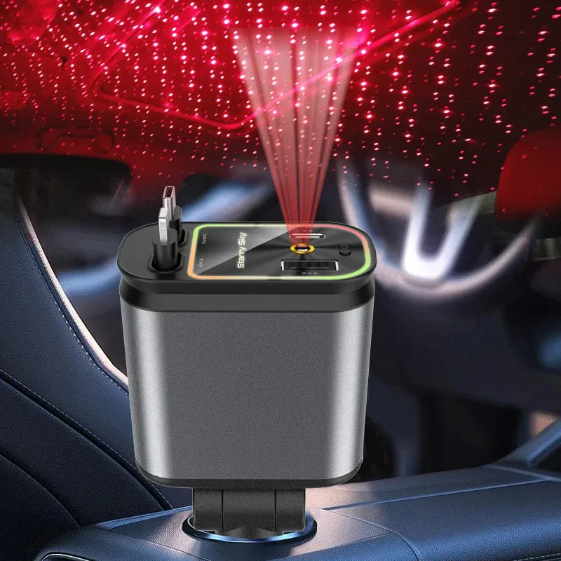 Color Name: GRAY, Ships From: CHINA - 4 in 1 Retractable Car Charger 120W with USB C Lightning Cable Starlight in Auto Roof Fast Charging for IPhone Samsung Phones